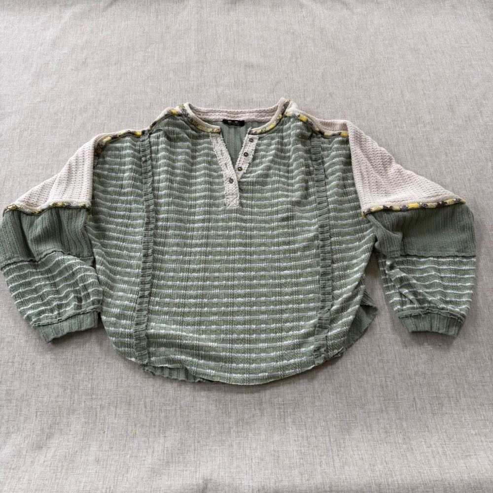 Miss Me Shirt Women's Small Boho Henley waffle knit embroidered eclectic cottage